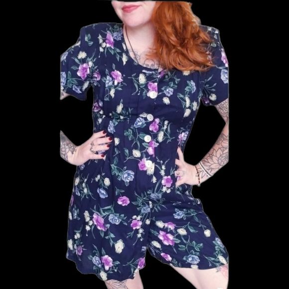 VINTAGE Basic Editions Med Navy Blue W/ Purple Flowers Button front Romper - Picture 2 of 16